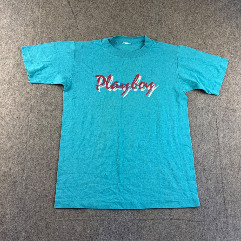 Vintage Playboy T Shirt Mens Small Teal Blue Graphic Script Short Sleeve Cotton
